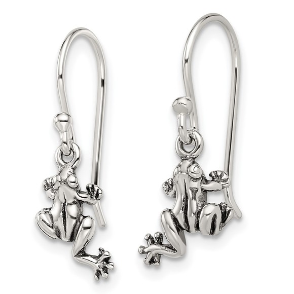 925 Sterling Silver and Antiqued Frog Shepherd Hook Earrings - Picture 2 of 4